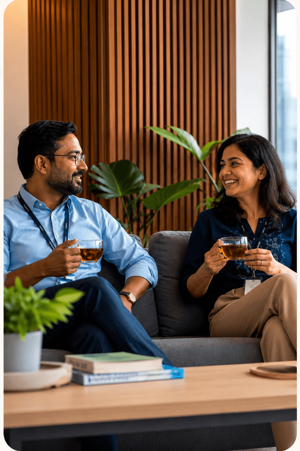 Two people sharing tea in a calm CoEvolve lounge setting