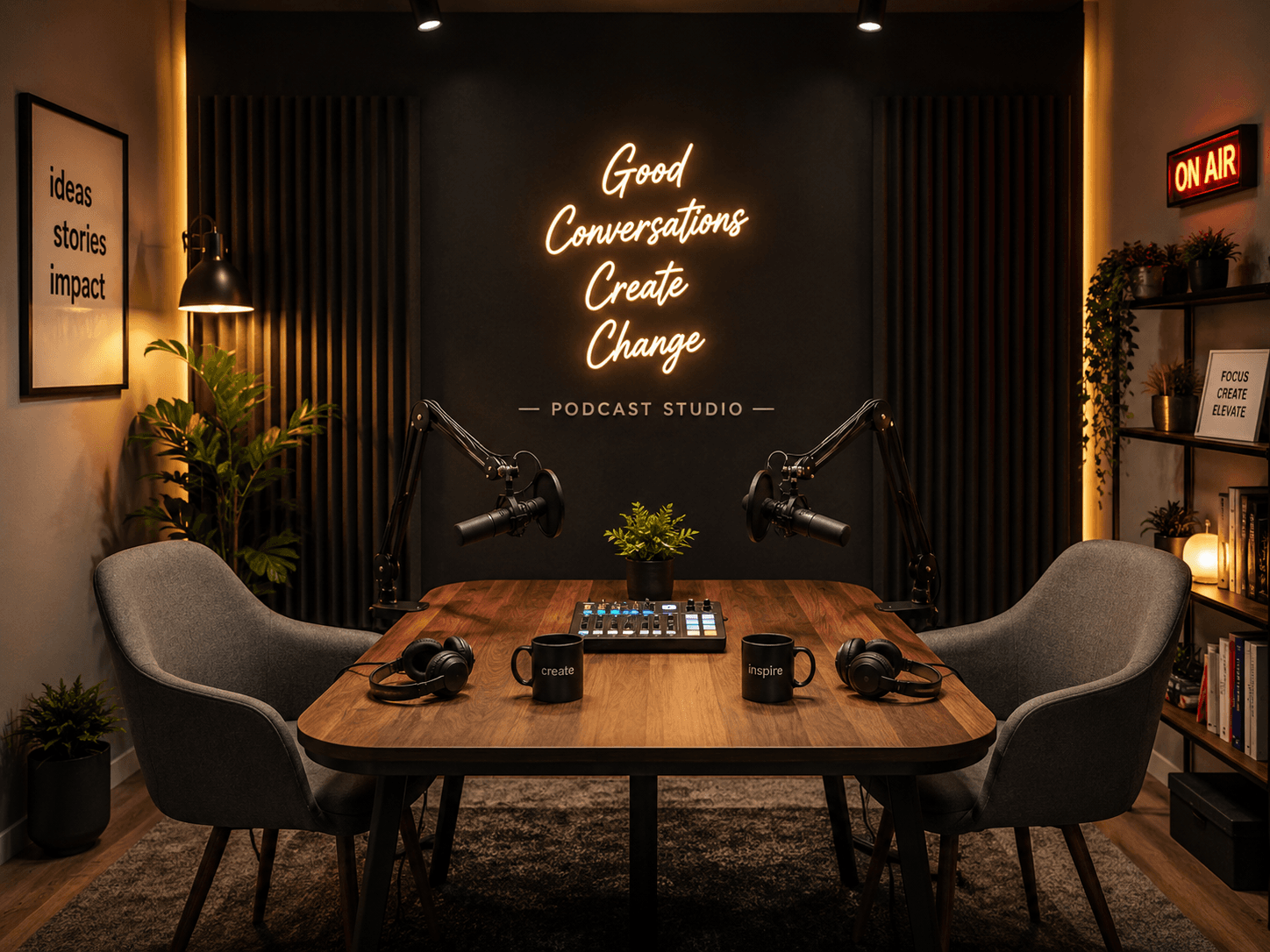 CoEvolve podcast studio with professional recording setup