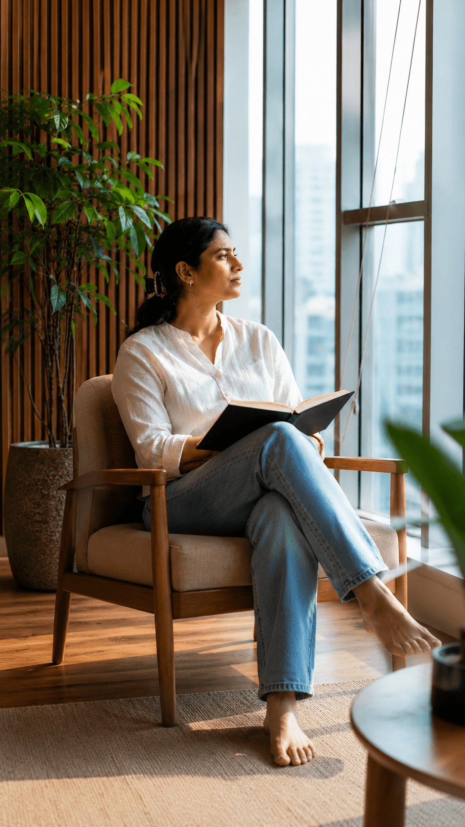 Woman reading in a quiet wellness lounge